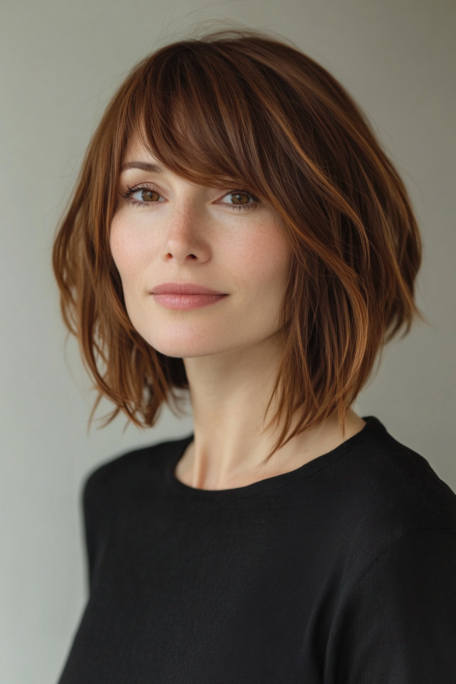 Women's soft style. Chestnut bob with subtle layers and side-swept fringe.