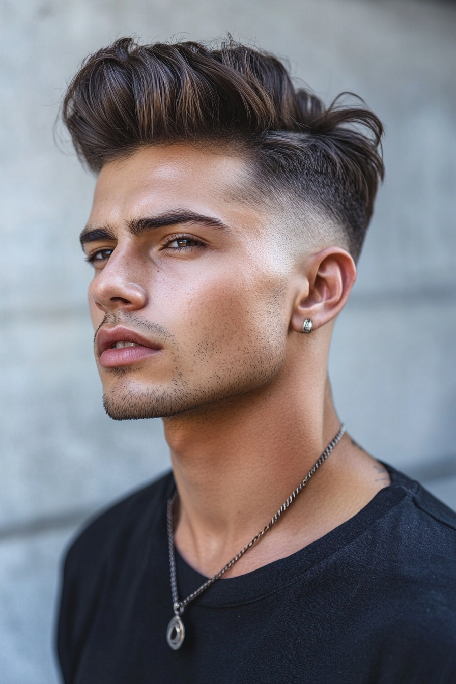 Men's statement style. High fade haircut with pompadour.