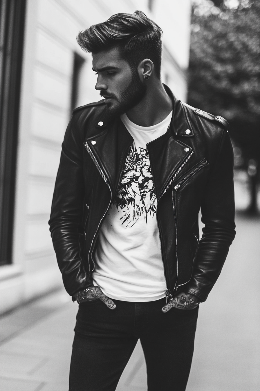 Men's edgy style. Black leather jacket with white graphic tee.