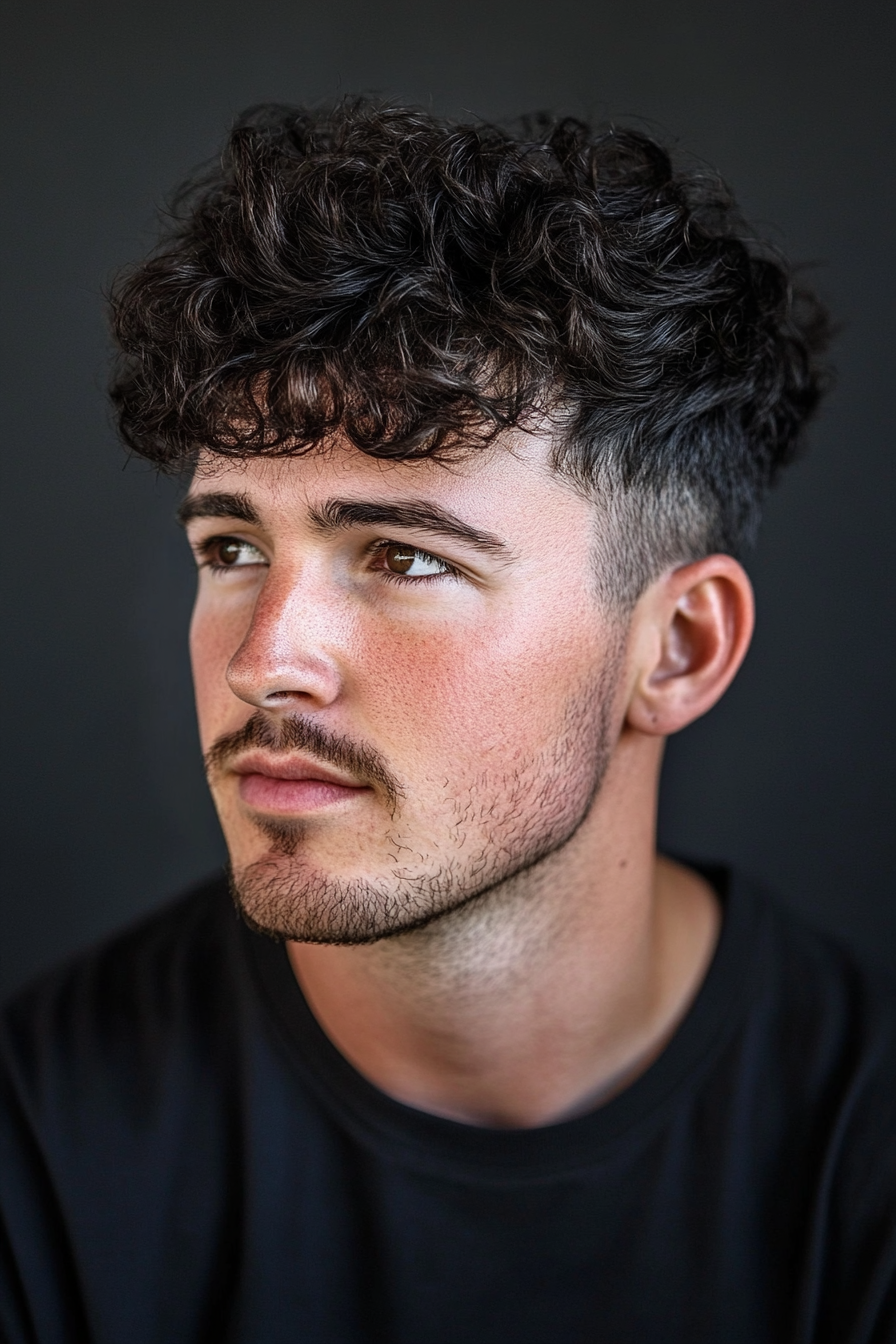 Men's texture style. Taper fade with well-defined top curls.