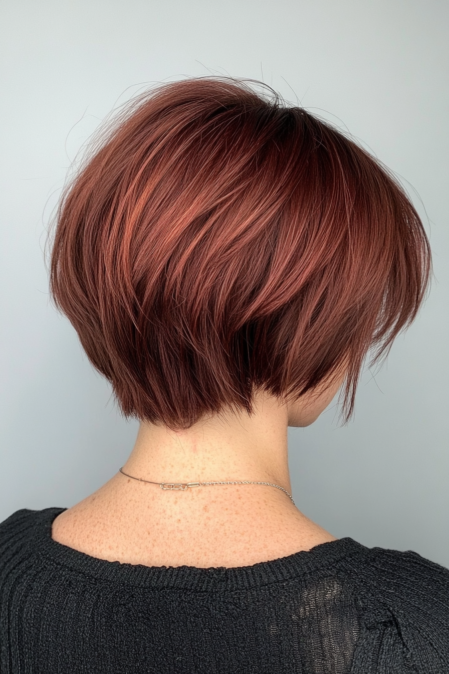 Women's short style. Mahogany bob with textured crown and tapered sides.