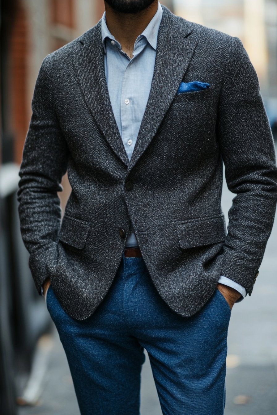 Men's contemporary style. Textured, charcoal blazer with blended side blue chinos.