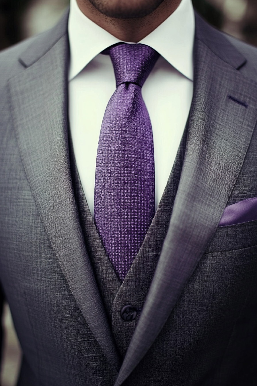 Men's classic style. Charcoal gray suit with modern lavender gradients.