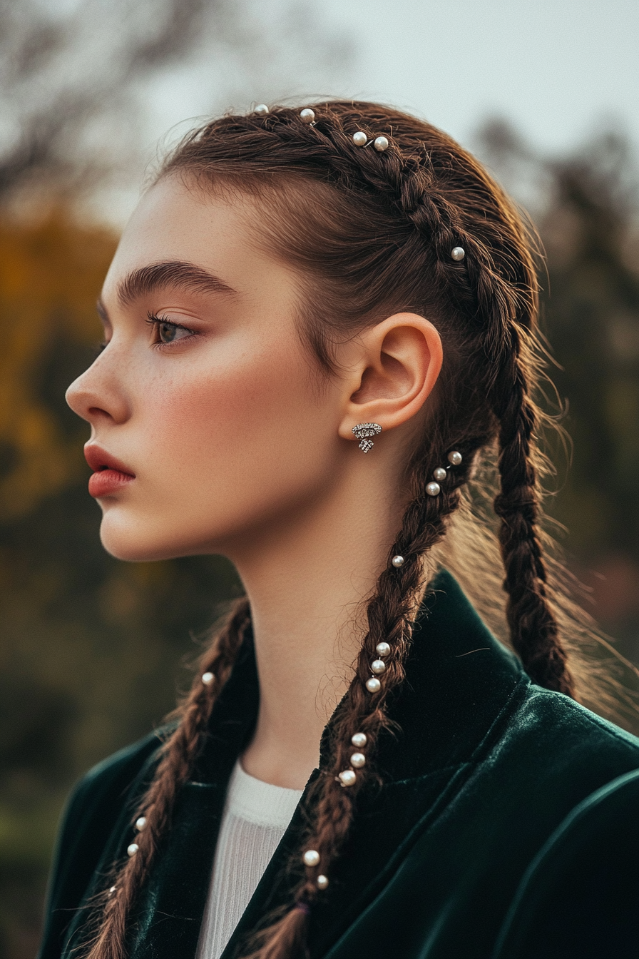 Retro style. Baby braids with pearl clips on velvet blazer.