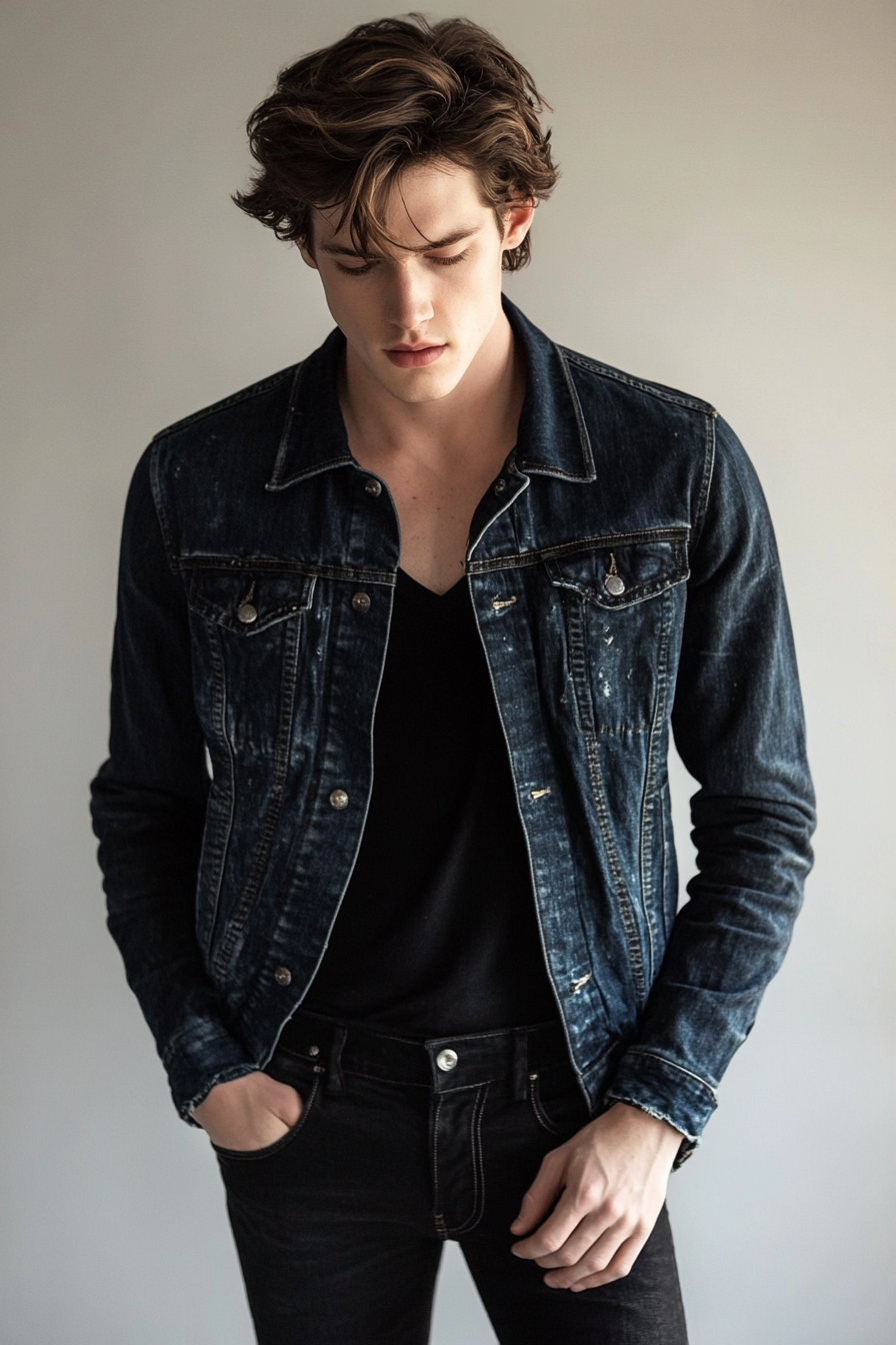 Men's seasonal style. Textured denim jacket with sleek black jeans.