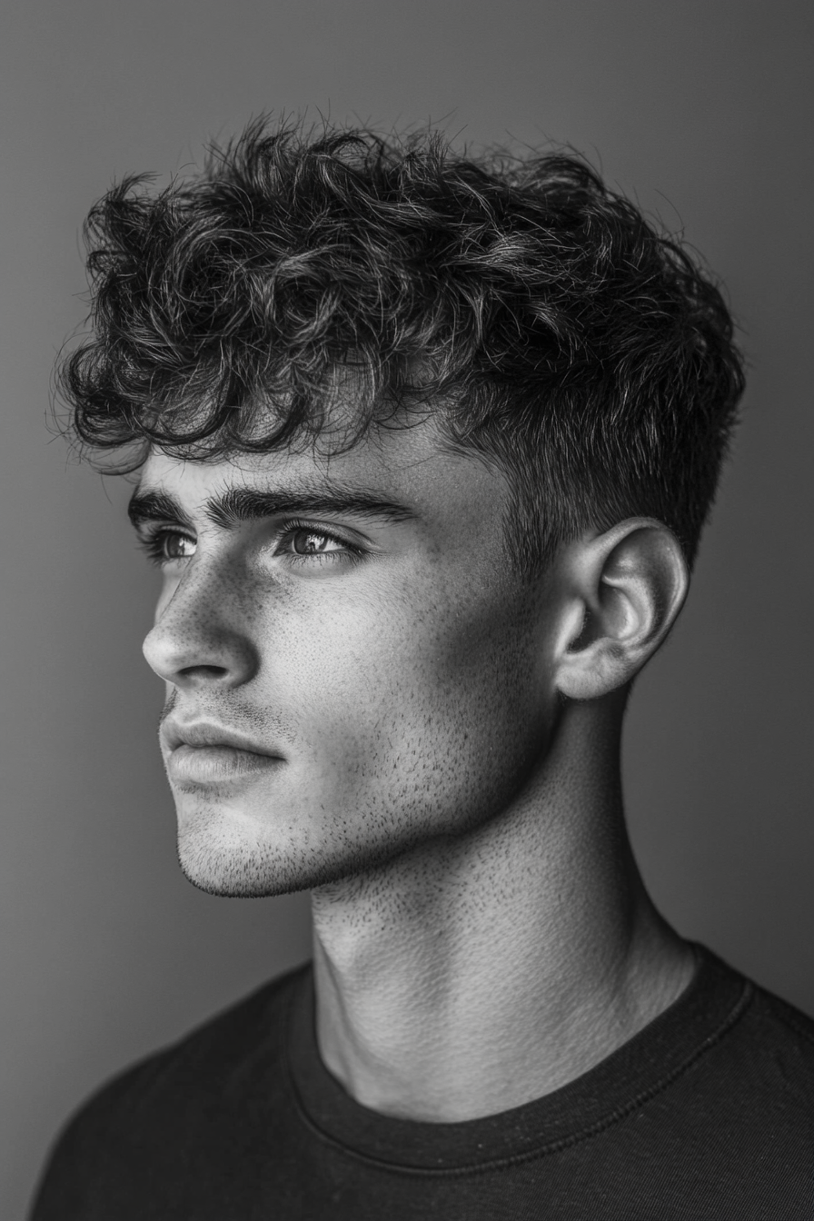 Men's texture style. Taper fade with defined top curls.