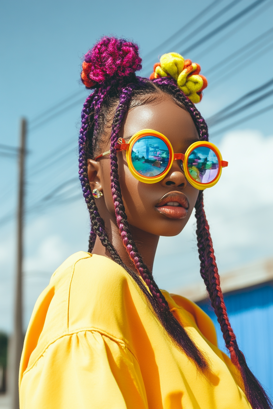 Retro style women's outfit. Baby braids tied with vibrant scrunchies.