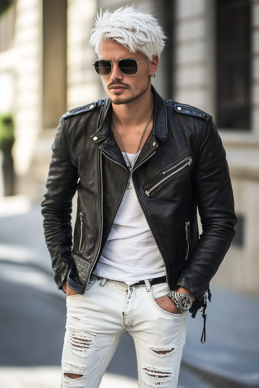 Men's edgy style. Black leather jacket paired with white distressed jeans.