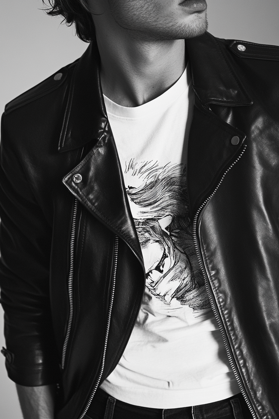 Edgy men's style. Black leather jacket with white graphic tee.