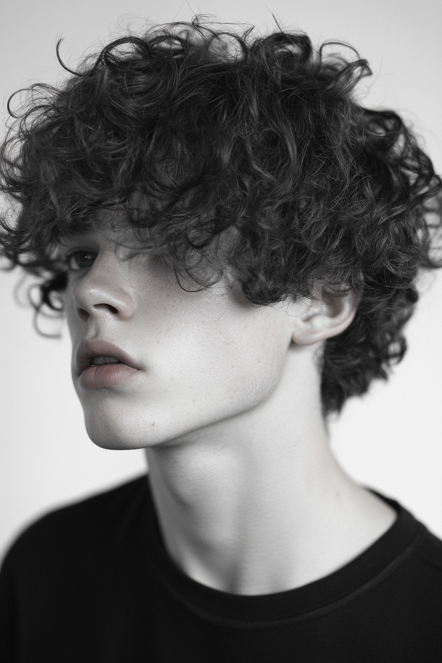 Men's curly style. Layered cut with leave-in conditioner application.