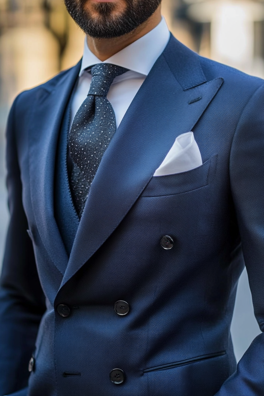 Men's short style. Navy suit with sharp, cascading gradient.