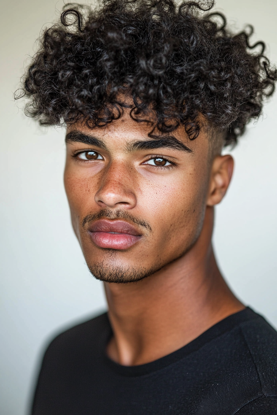 Men's texture style. Defined curls with low skin fade.