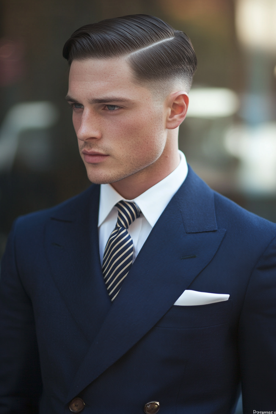 Men's classic style. Navy blue suit with a striped tie and precise fade hairstyle.