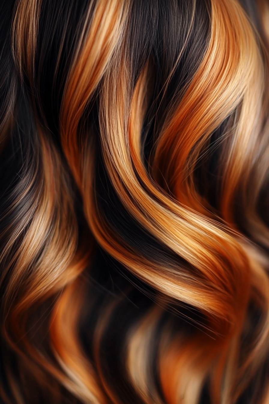 Women's hair color. Burnt sienna base with caramel highlights.