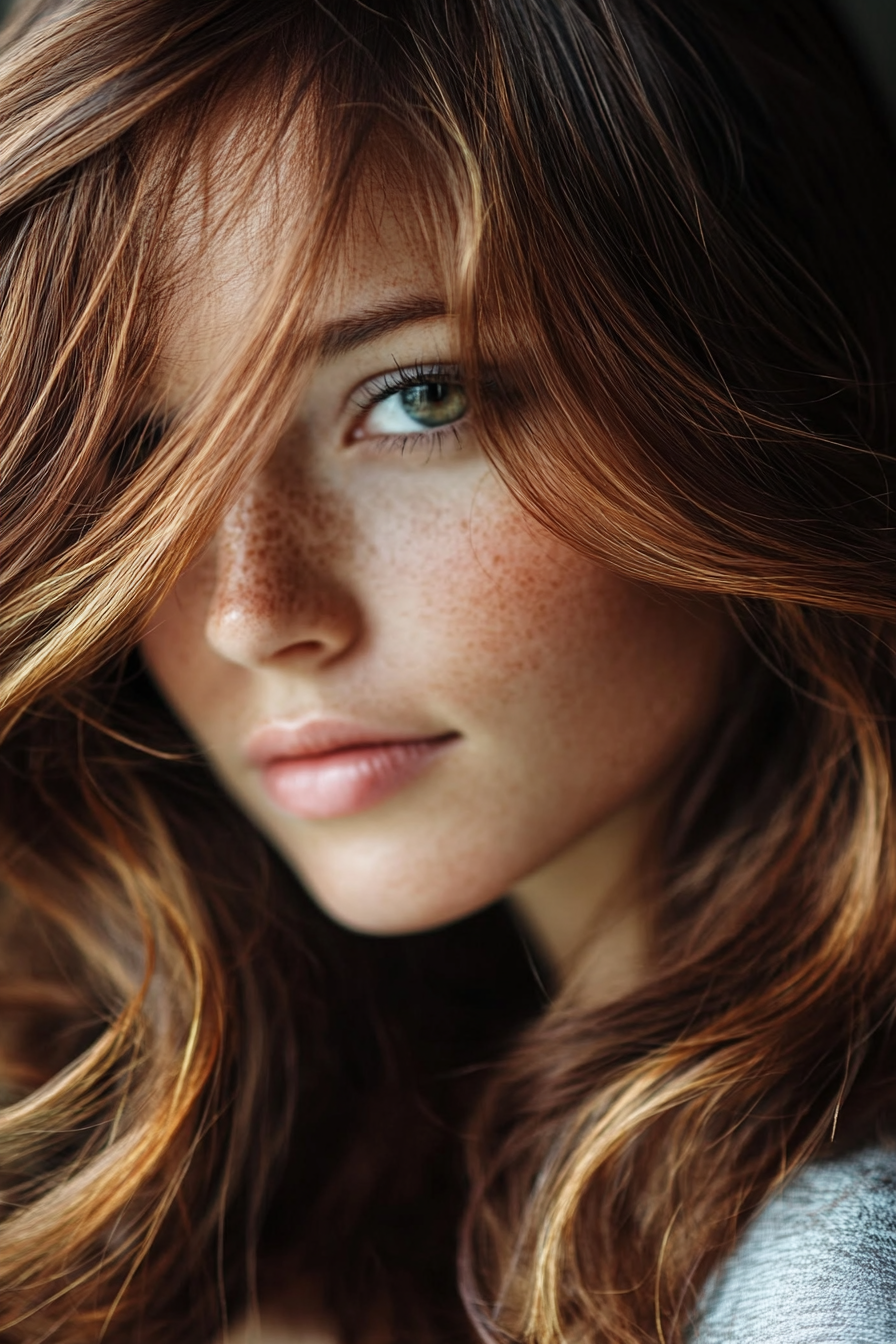 Women's hair color. Chestnut brown base with caramel highlights