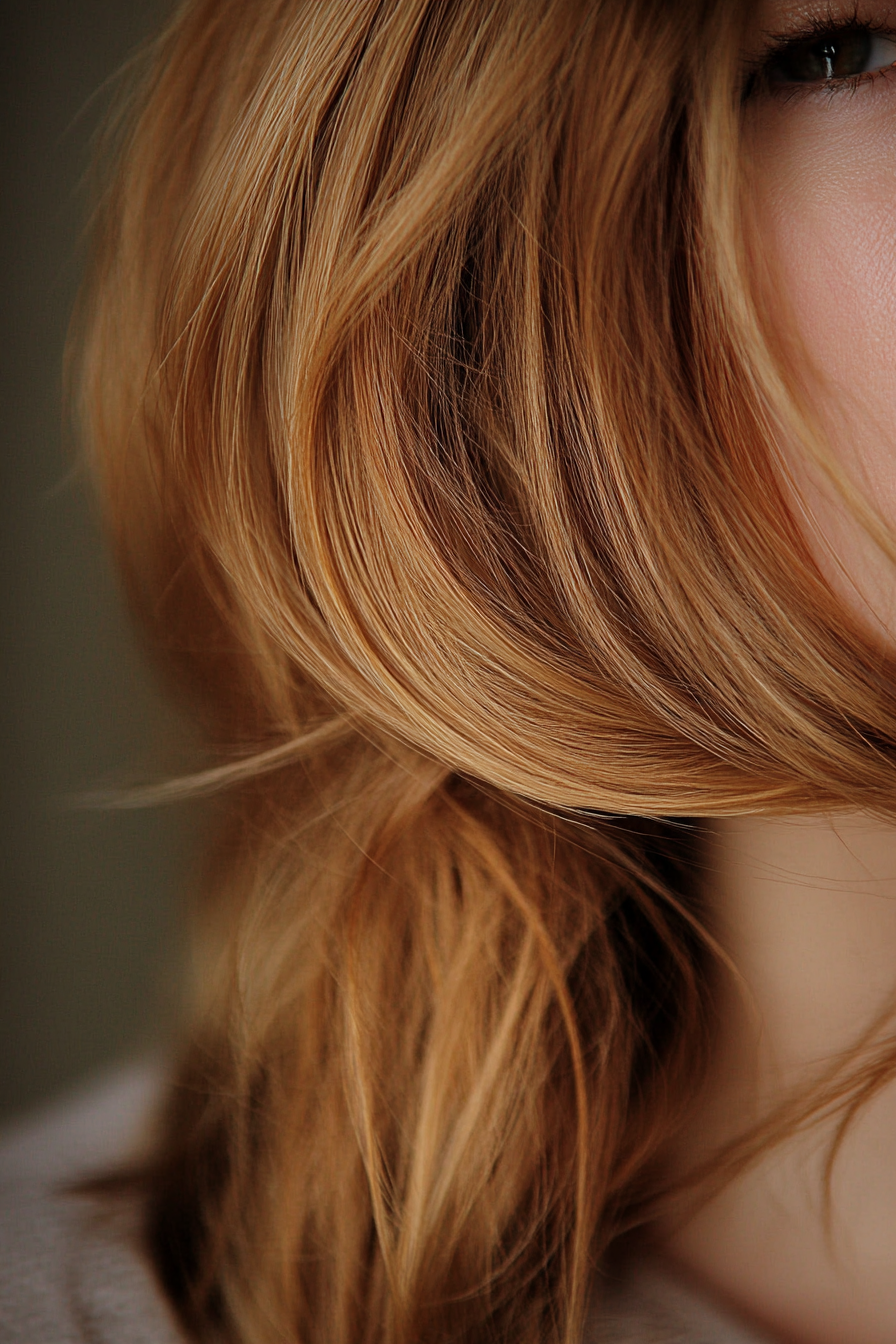 Women's hair color. Caramel brown with honey blonde highlights.