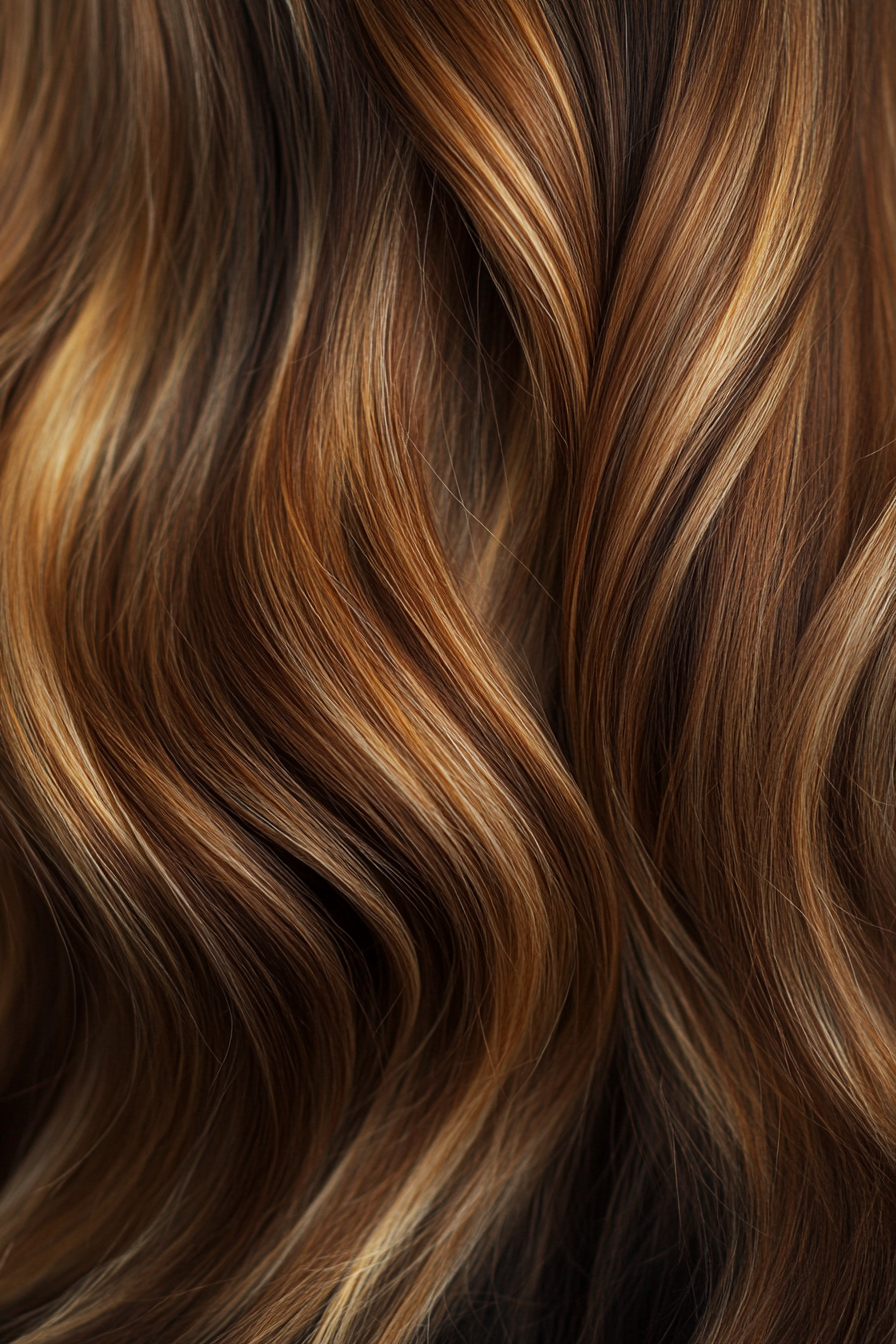 Women's Hair Color Collection. Cinnamon brown hair with honey highlights.