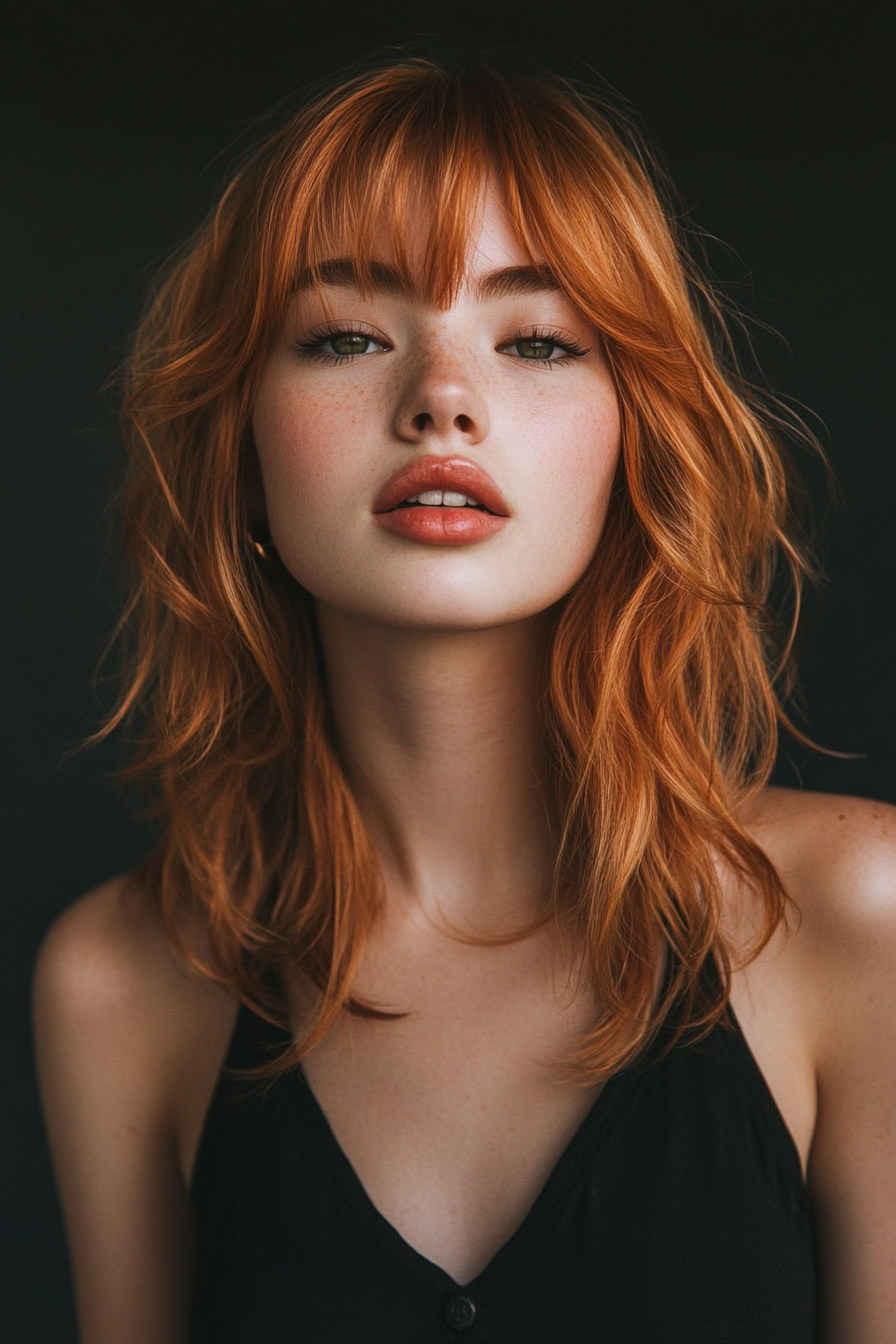 Modern women's style. Choppy layers hair with ginger colored curtain bangs.