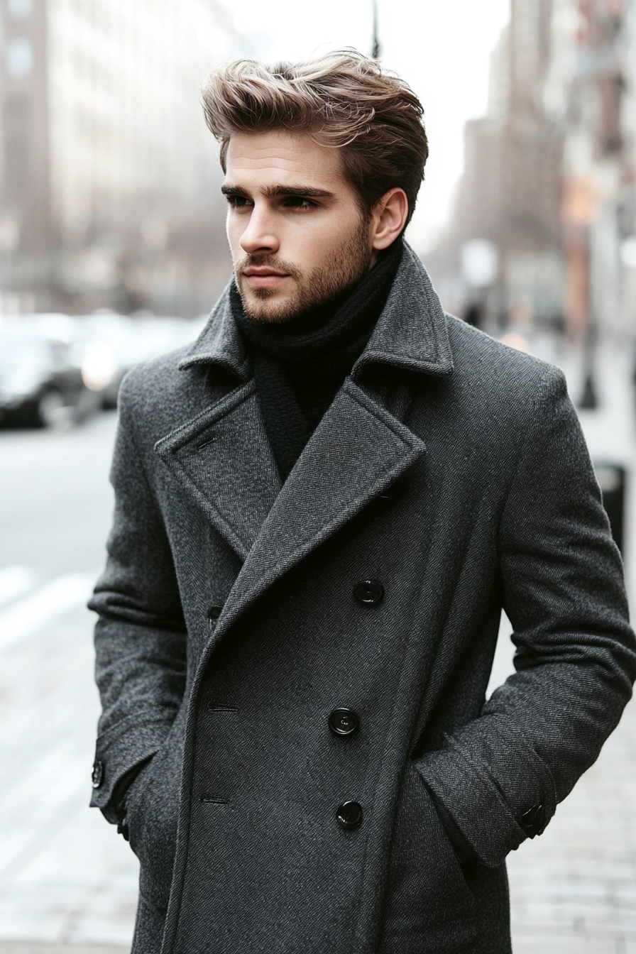 Men's modern style. Charcoal gray layered pea coat.