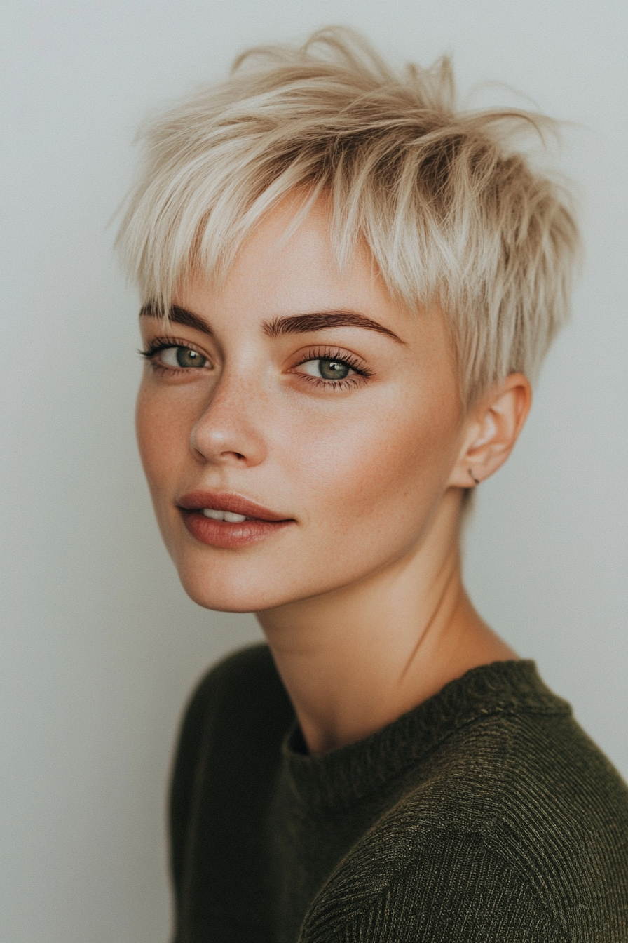 Short style. Textured crown with tapered sides, blonde hair color.