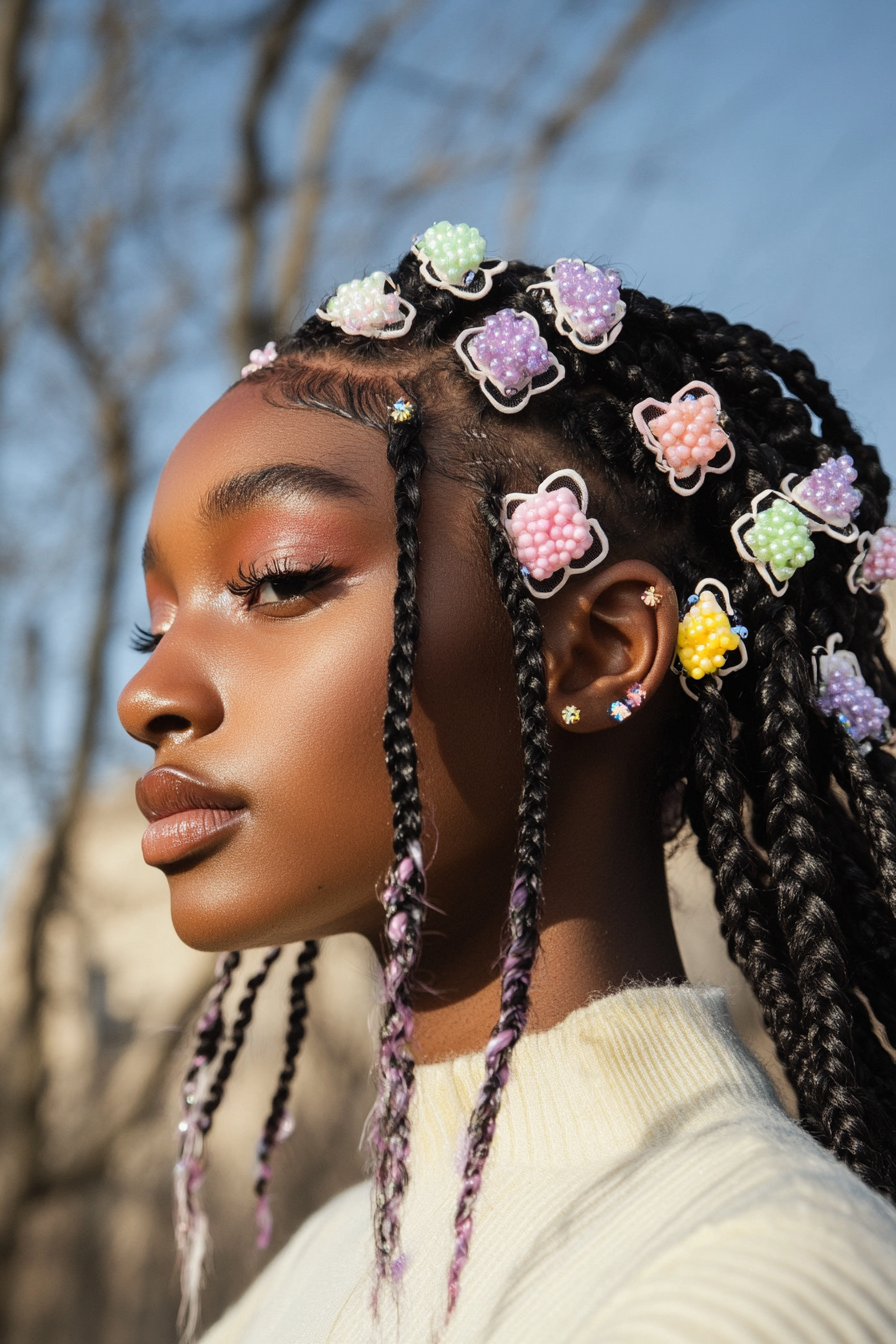 Retro style for women. Baby braids embellished with pastel-colored hair clips.