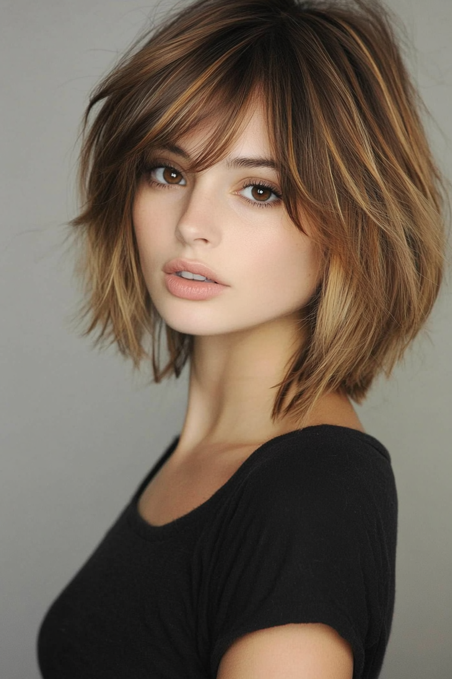 Natural style for women. Layered bob cut with blending techniques.