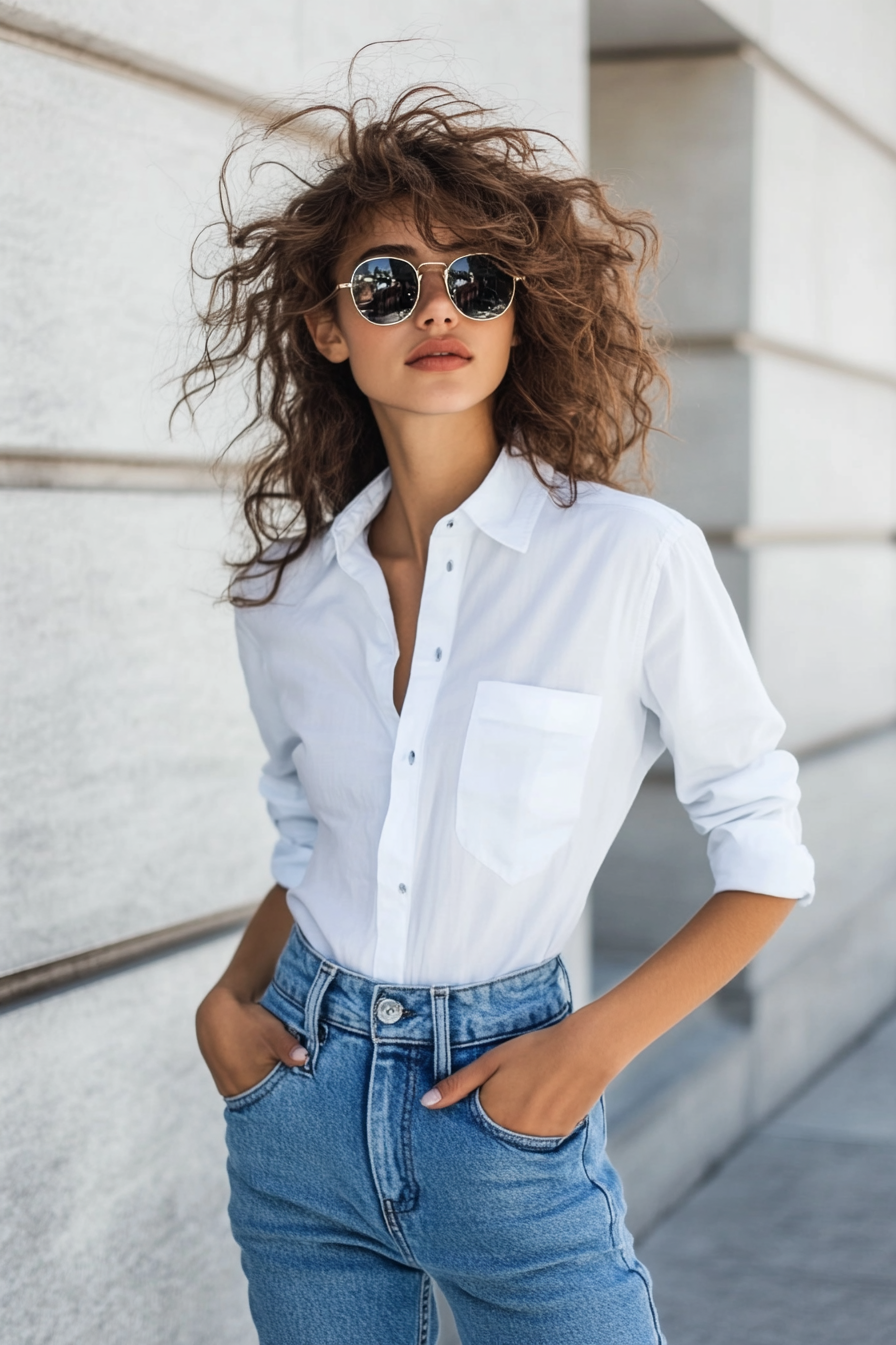 Classic women's style. White-button-up shirt, blue relaxed fit jeans.