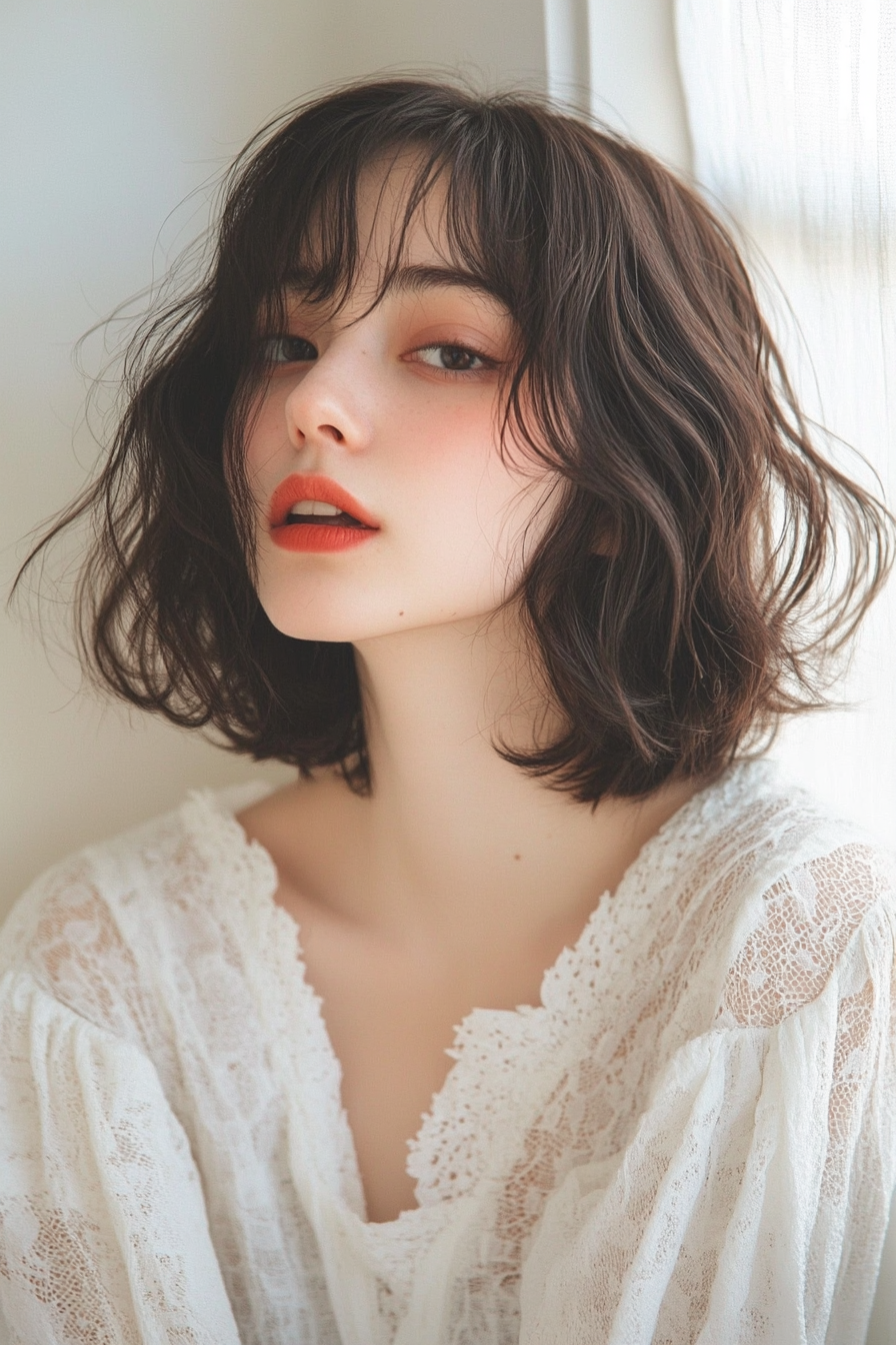 Women's soft style. Shoulder-length bob haircut with side-swept bangs and light waves.