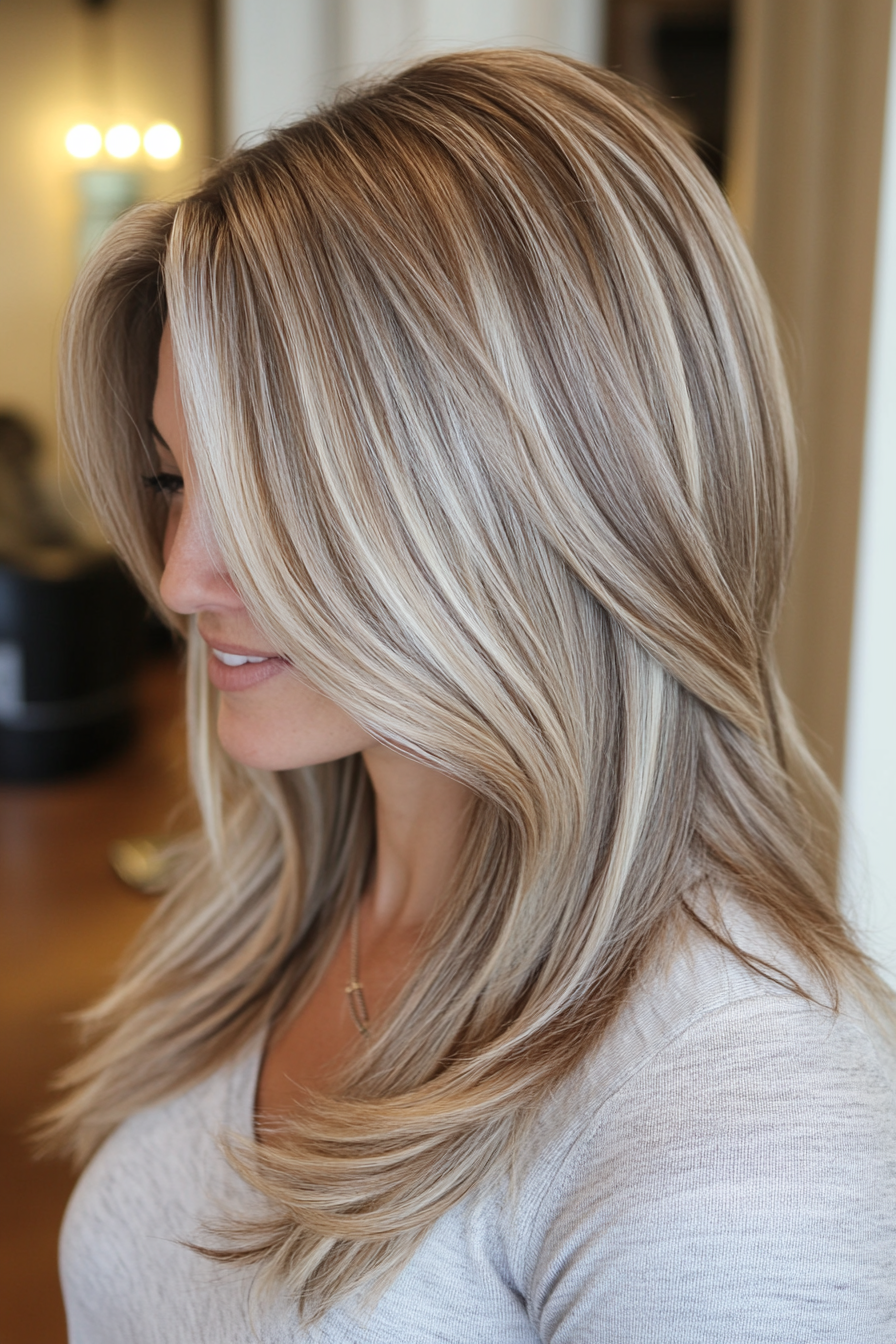 Women's hair color. Shadow roots with cool beige touches adding contrast.