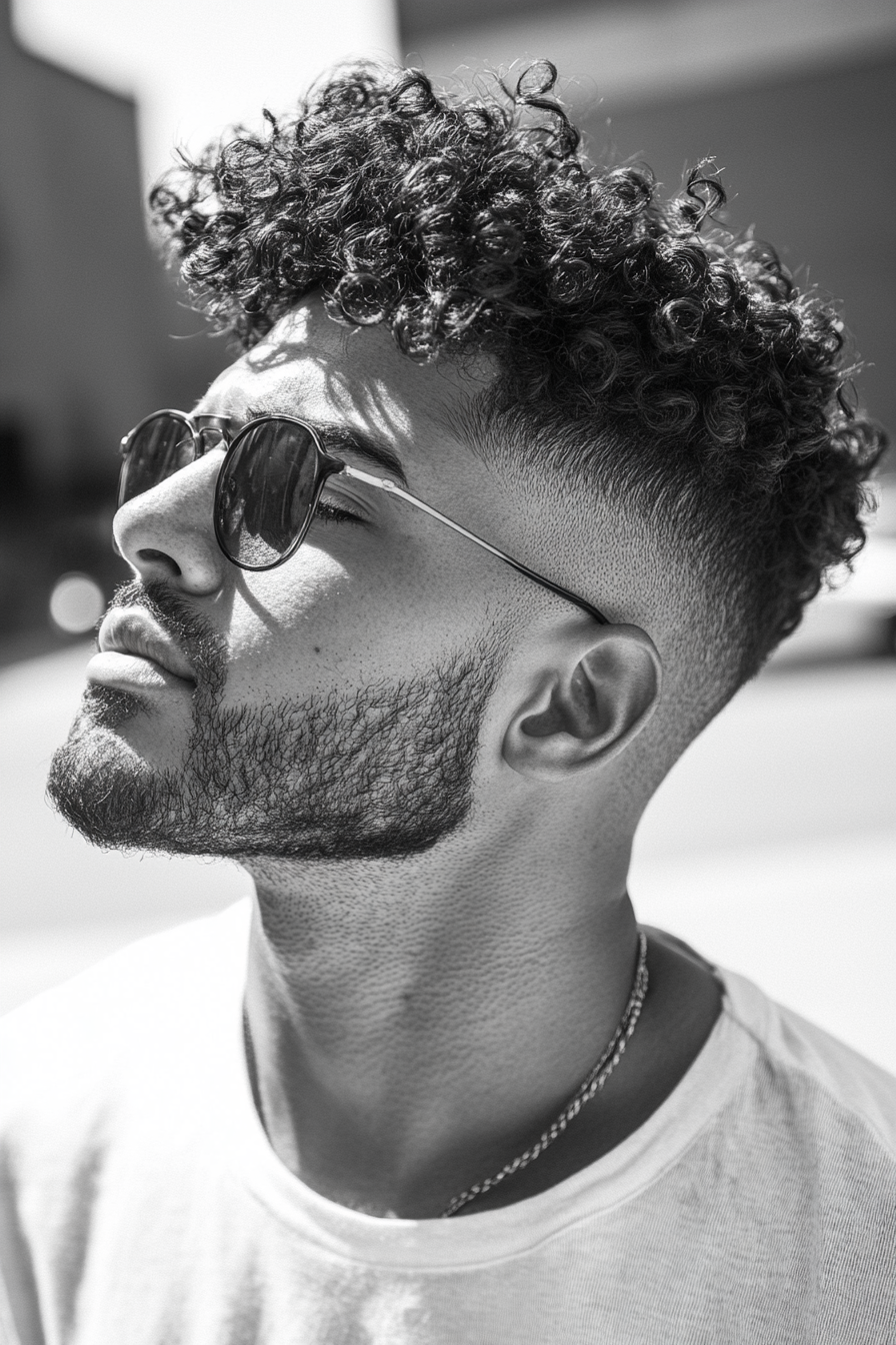 Men's curly hairstyle. High-top fade with coconut oil application.