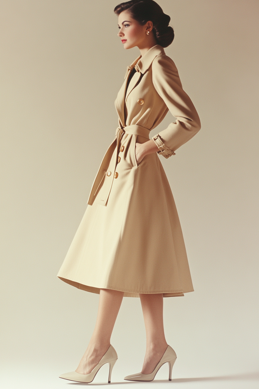 Classic women's style. Cream color, camel trench coat with matching kitten heels.