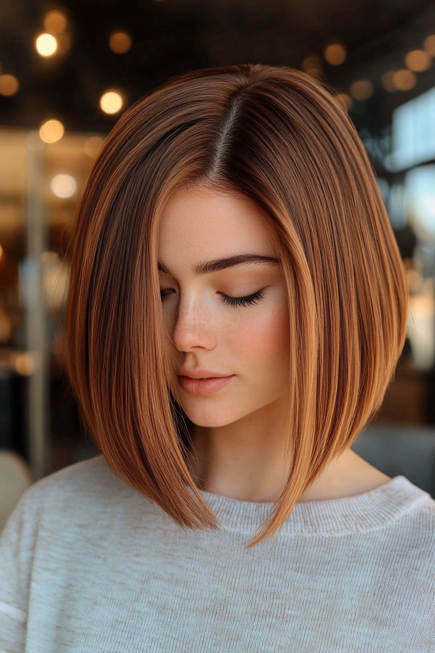 Women's trendy style. Chestnut bob cut with face-framing balayage.