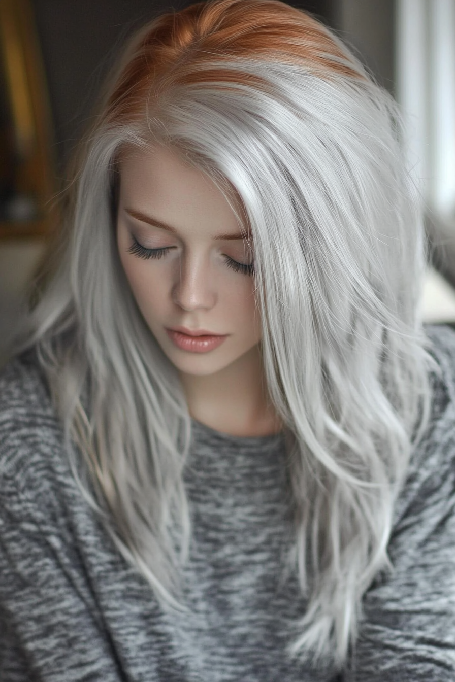 Women's hair color. Auburn shadow roots with cool silver toning.