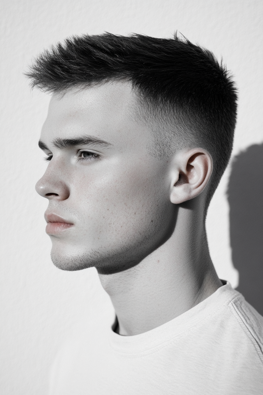 Men's contemporary style. Crew Cut with faded sides and styled top.