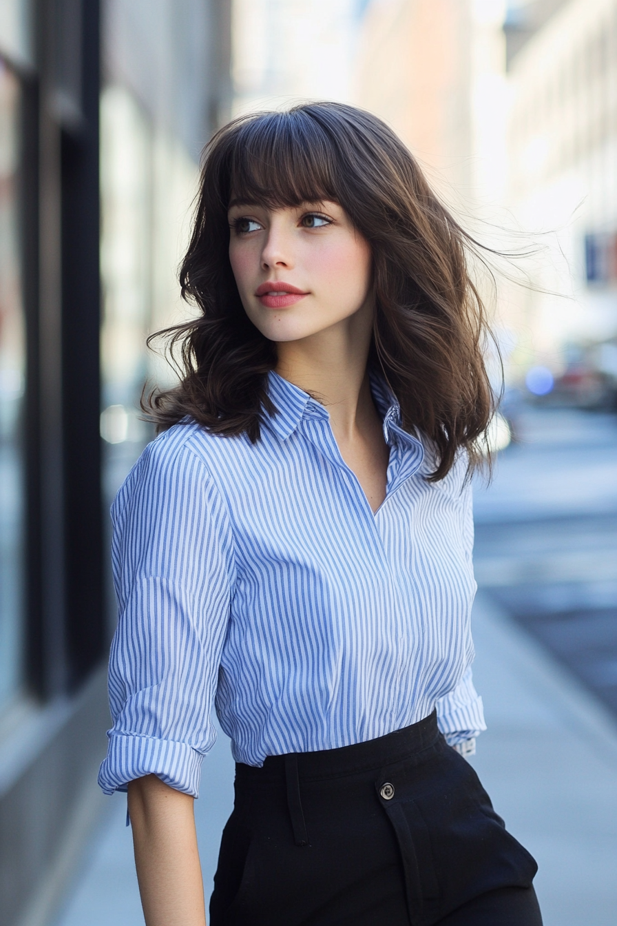 Women's classic style. Blue pinstripe button-down, black pencil skirt, and face-framing layered haircut.