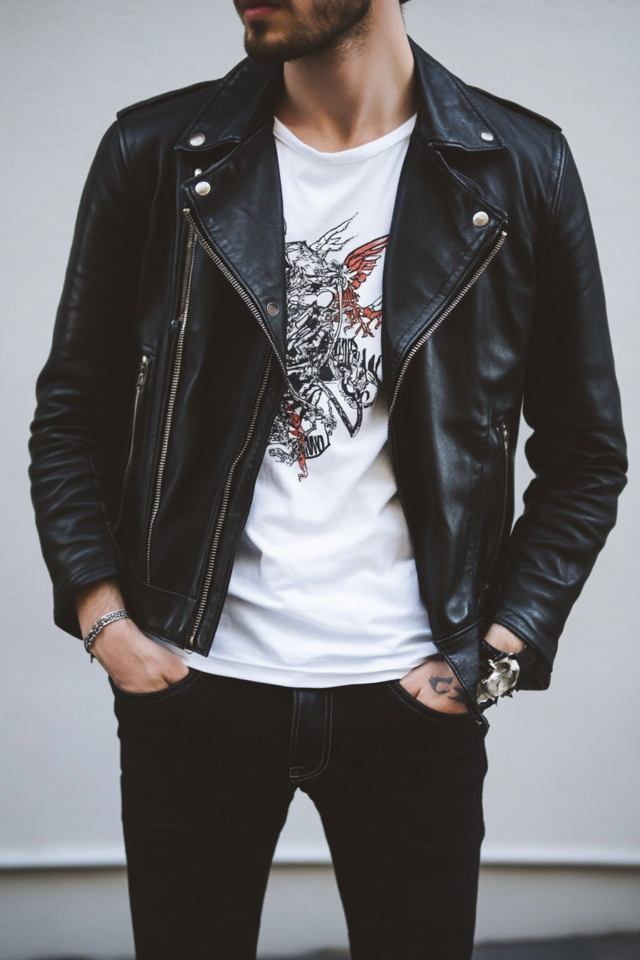 Edgy men's style. Black leather jacket with white graphic tee.