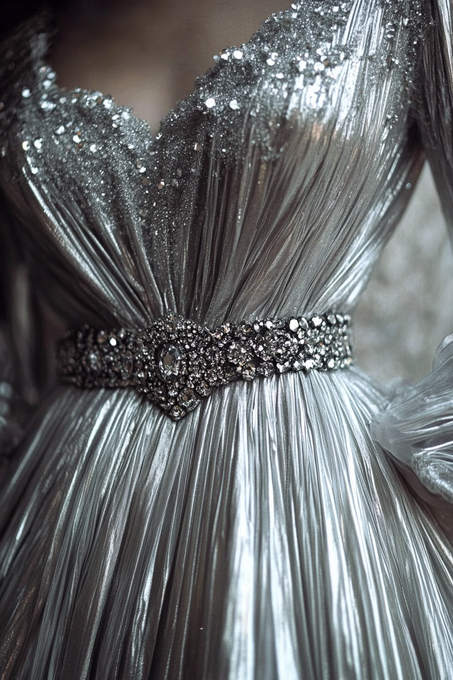 Festive style. Silver metallic dress with a crystal belt.