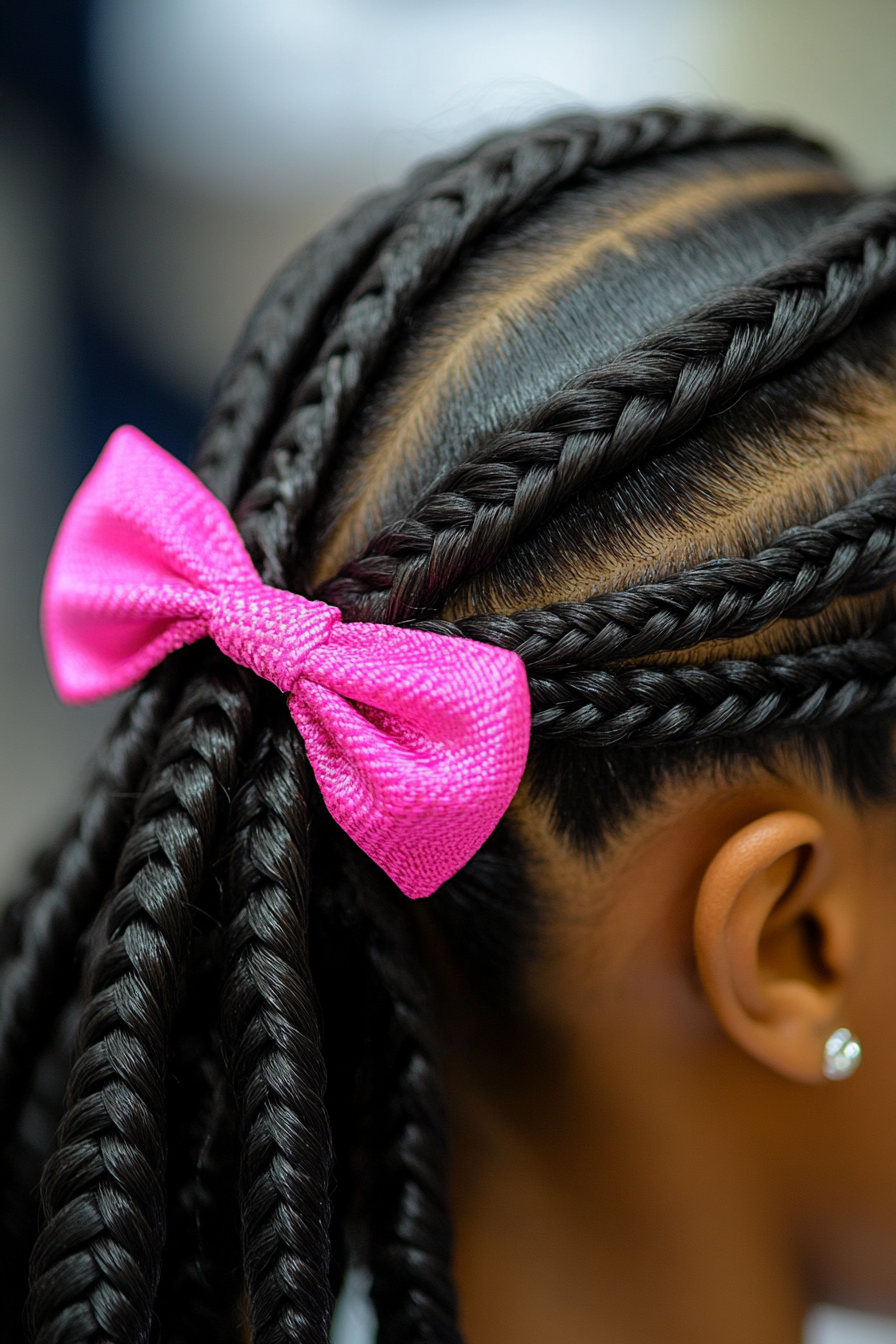 Women's Retro Style. Baby Braids fastened by magenta-coloured bow clips.