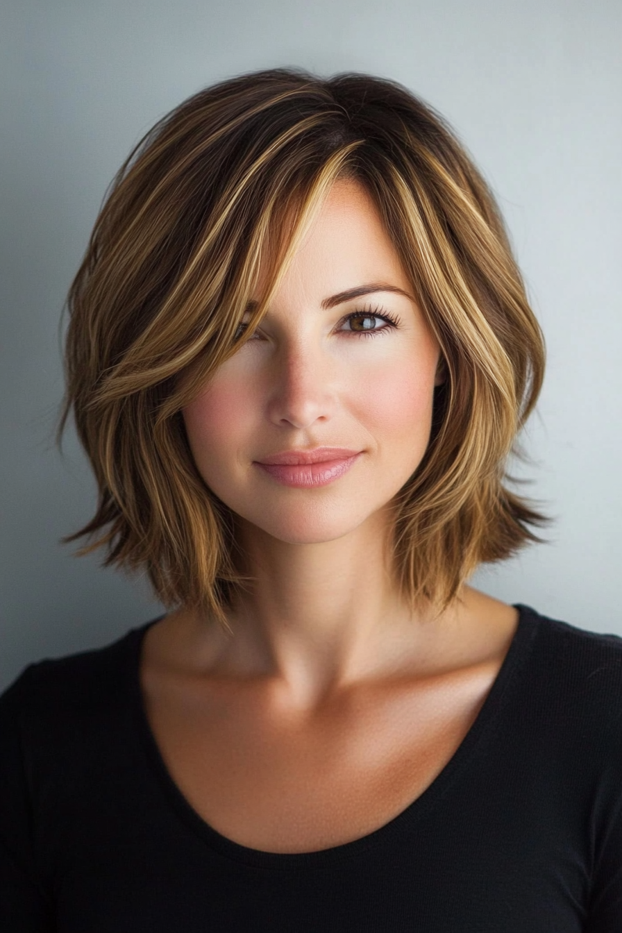 Natural Style Women's Hair. Layered bob with balayage highlights.