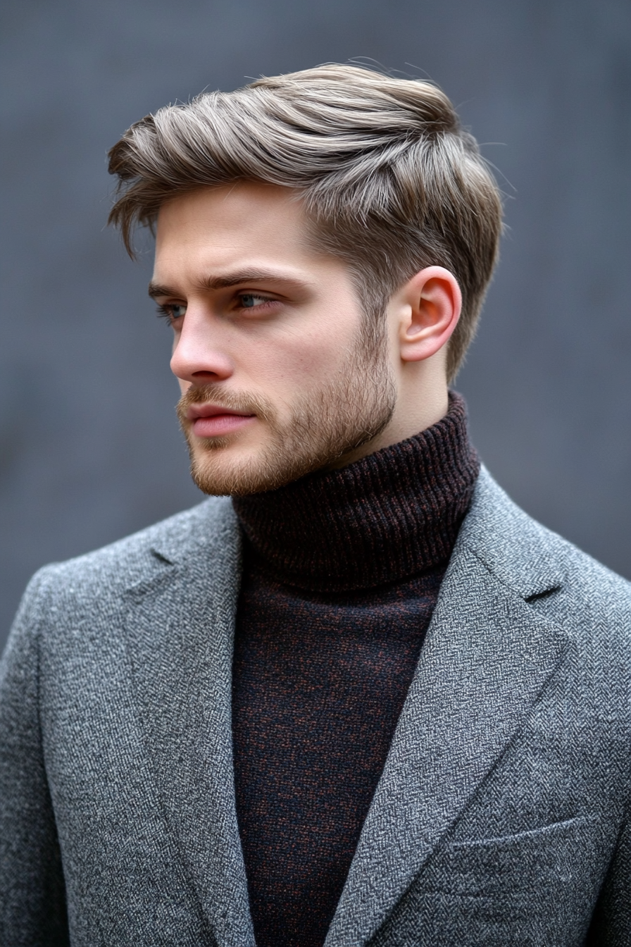 Men's style. Turtleneck under blazer with undercut side part hairstyle.