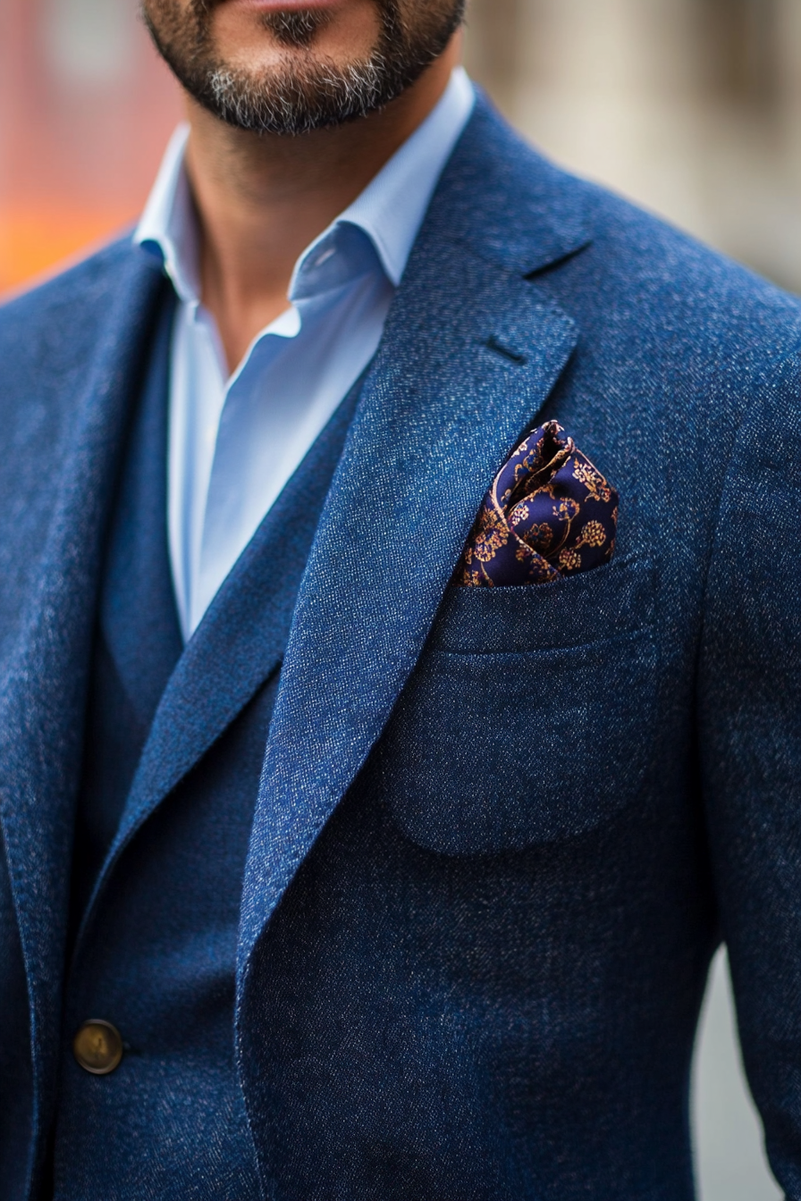 Men's classic style. Gradient navy-blue wool blend blazer with silk pocket-square.