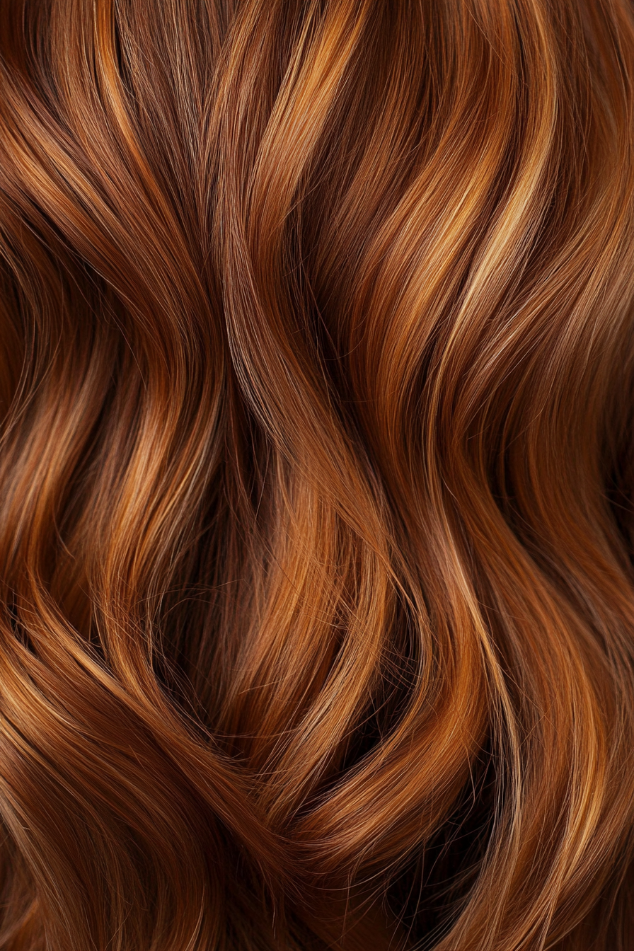 Women's hair color. Copper-toned brown with caramel dimensional highlights.