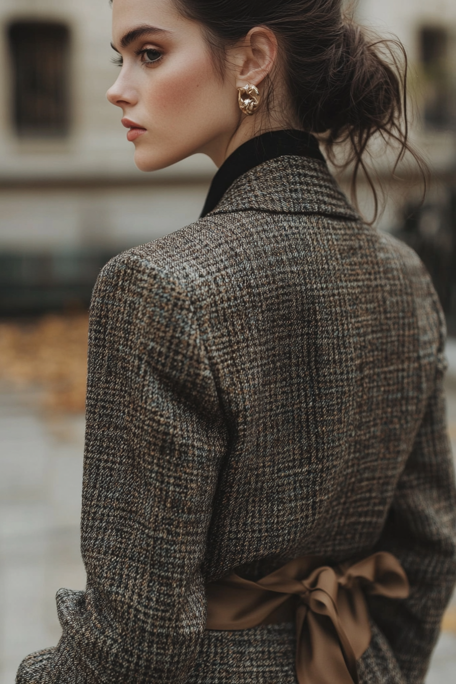 Classic style with modern twist for women. Tweed jacket paired with silky culottes.