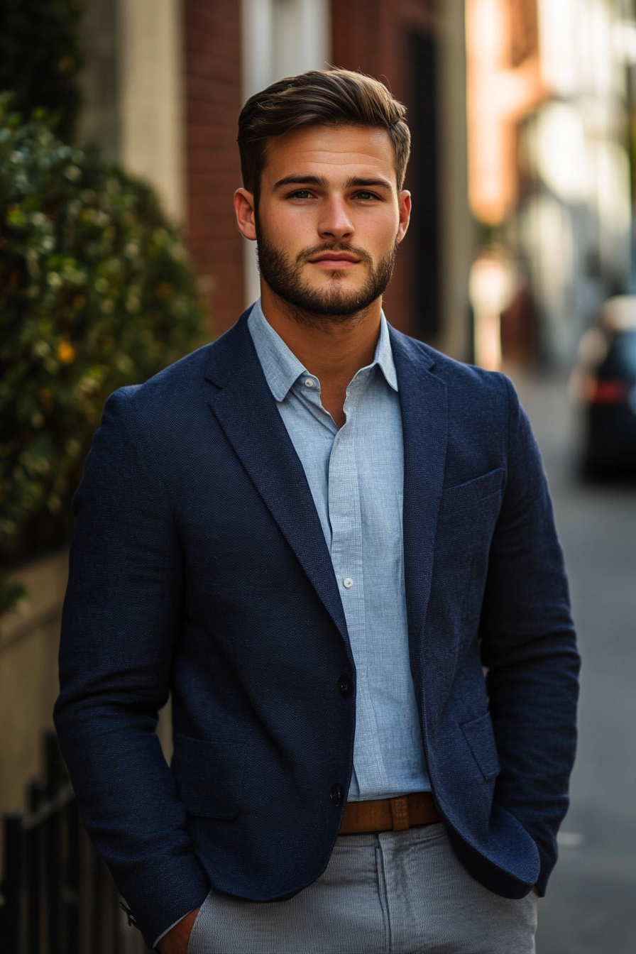 Men's contemporary style. Textured navy blazer with faded grey chinos.