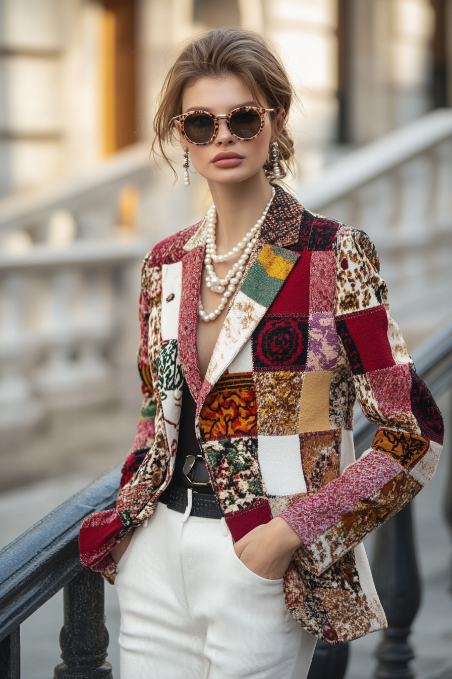 Classic Women's style with a modern twist. Patchwork structured blazer paired with pearls.