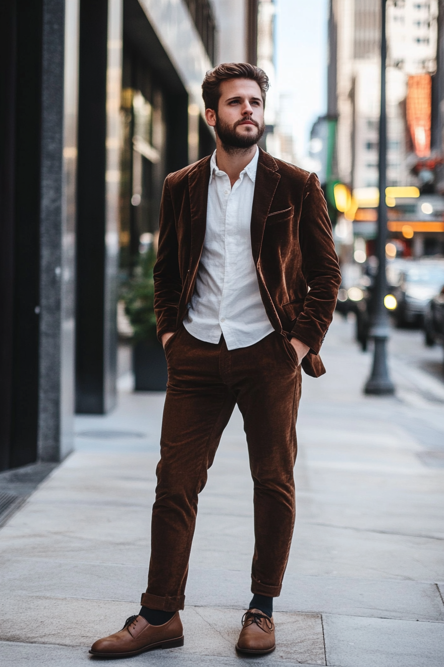 Men's seasonal style. Textured velvet blazer with trip-free chinos.