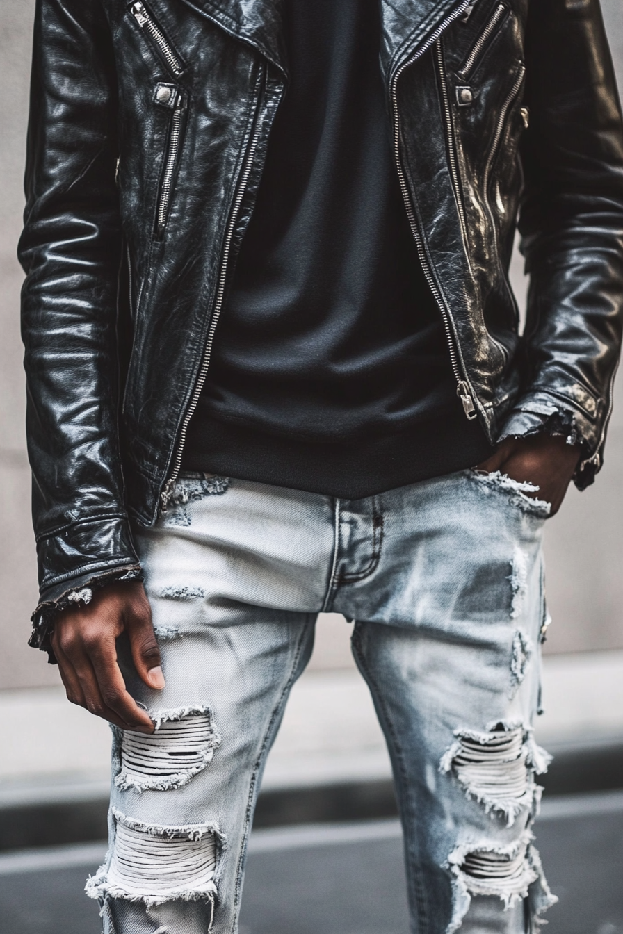 Men's edgy style. Black leather bomber jacket with whitewashed ripped jeans.