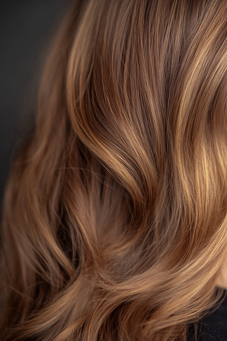 Women's hair color. Chestnut brown with honey highlights.