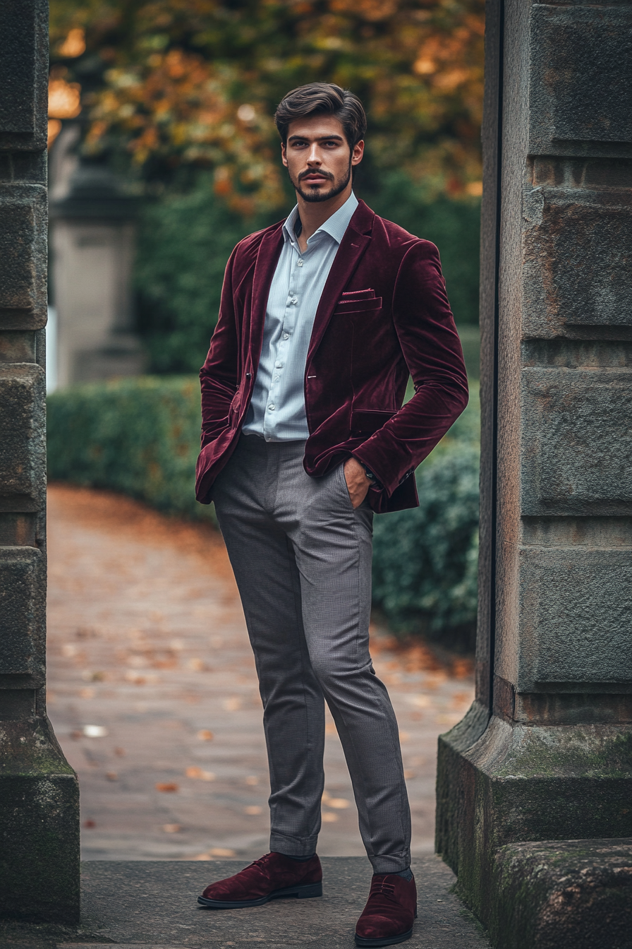 Men's classic style. Maroon velvet blazer with gradient twill trousers.