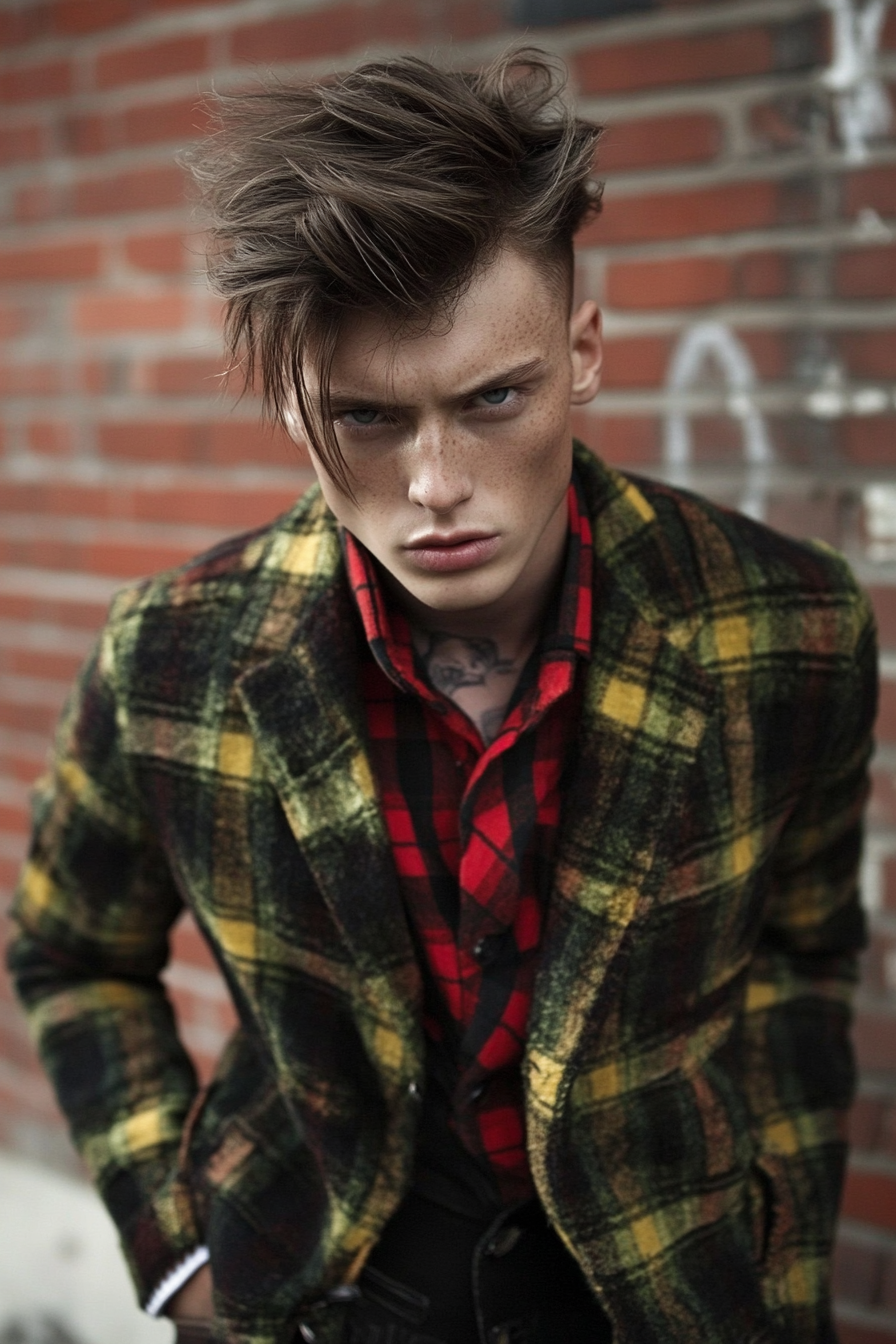 Men's contemporary style. Tartan patterned jacket with blended hair sides.